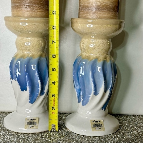Blue Glaze Ceramic Pillar Candle Holder Set - Picture 5 of 5